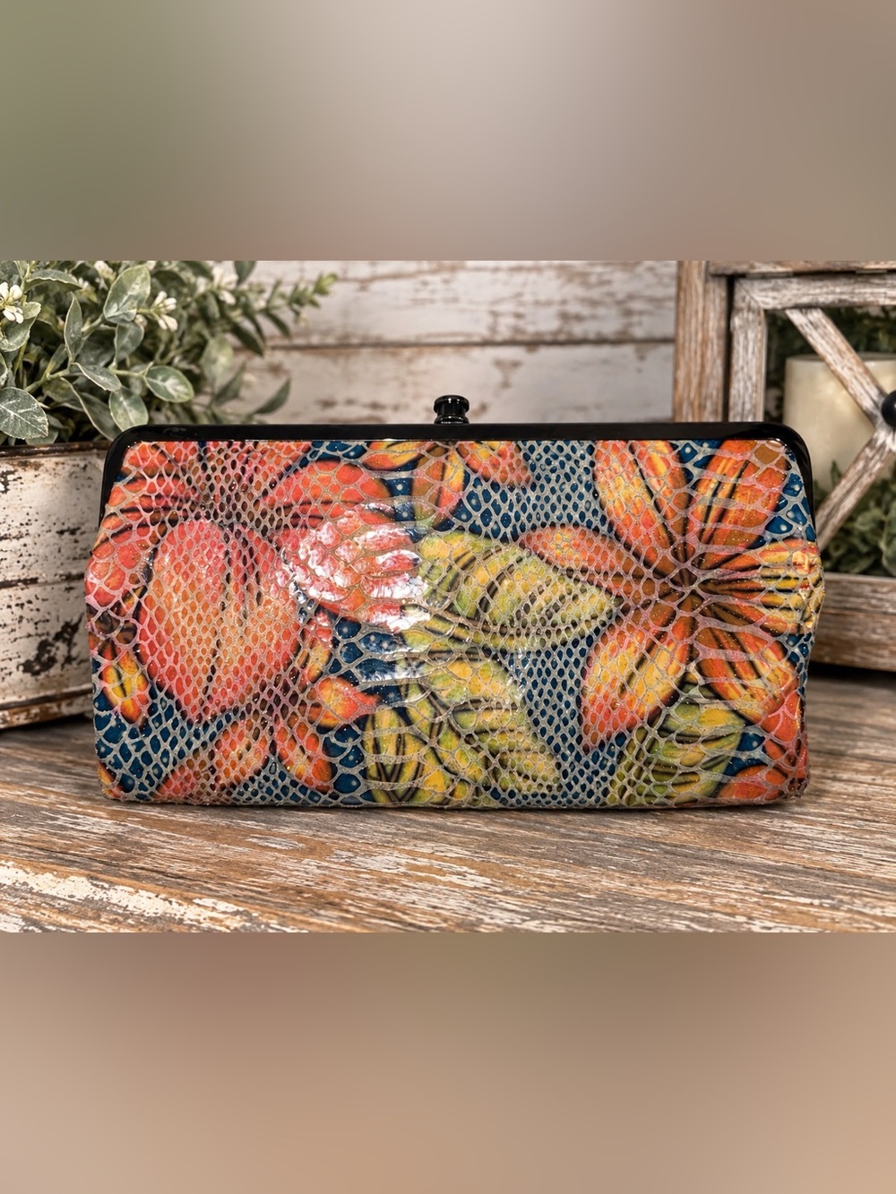 HOBO International Colorful Floral Snakeskin Embossed Double Frame Clutch Wallet